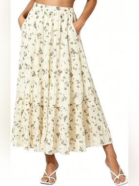 Nashalyly Chiffon Elastic High Waist Pleated A-Line Flared Maxi Skirt